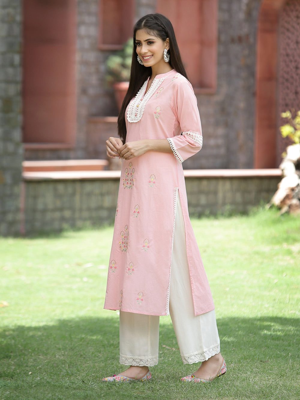 Juniper Peach Cambric Festive Embroidered Straight Kurta For Women