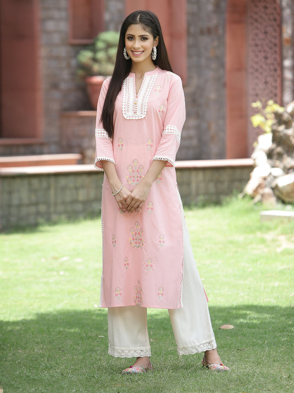 Juniper Peach Cambric Festive Embroidered Straight Kurta For Women