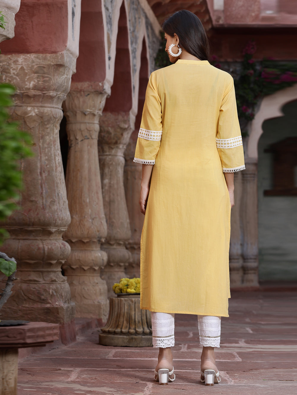 Juniper Women's Yellow Cambric Embroidered Straight Kurta