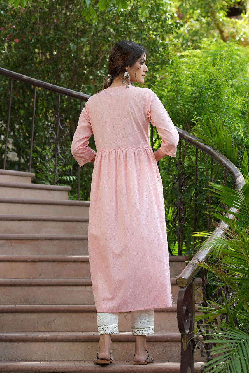 Juniper Peach Cotton Dobby Festive Embroidered A-Line Long Kurta For Women