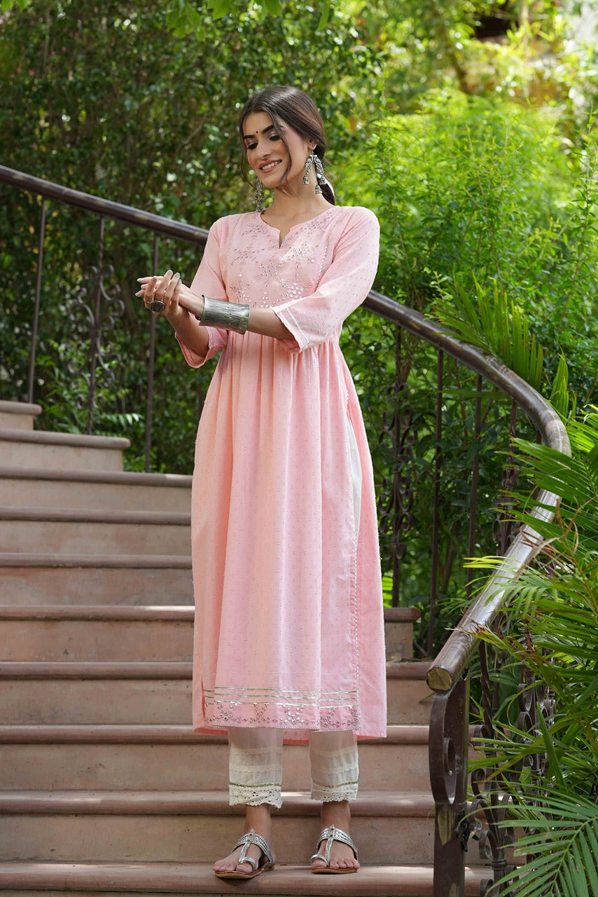 Juniper Peach Cotton Dobby Festive Embroidered A-Line Long Kurta For Women