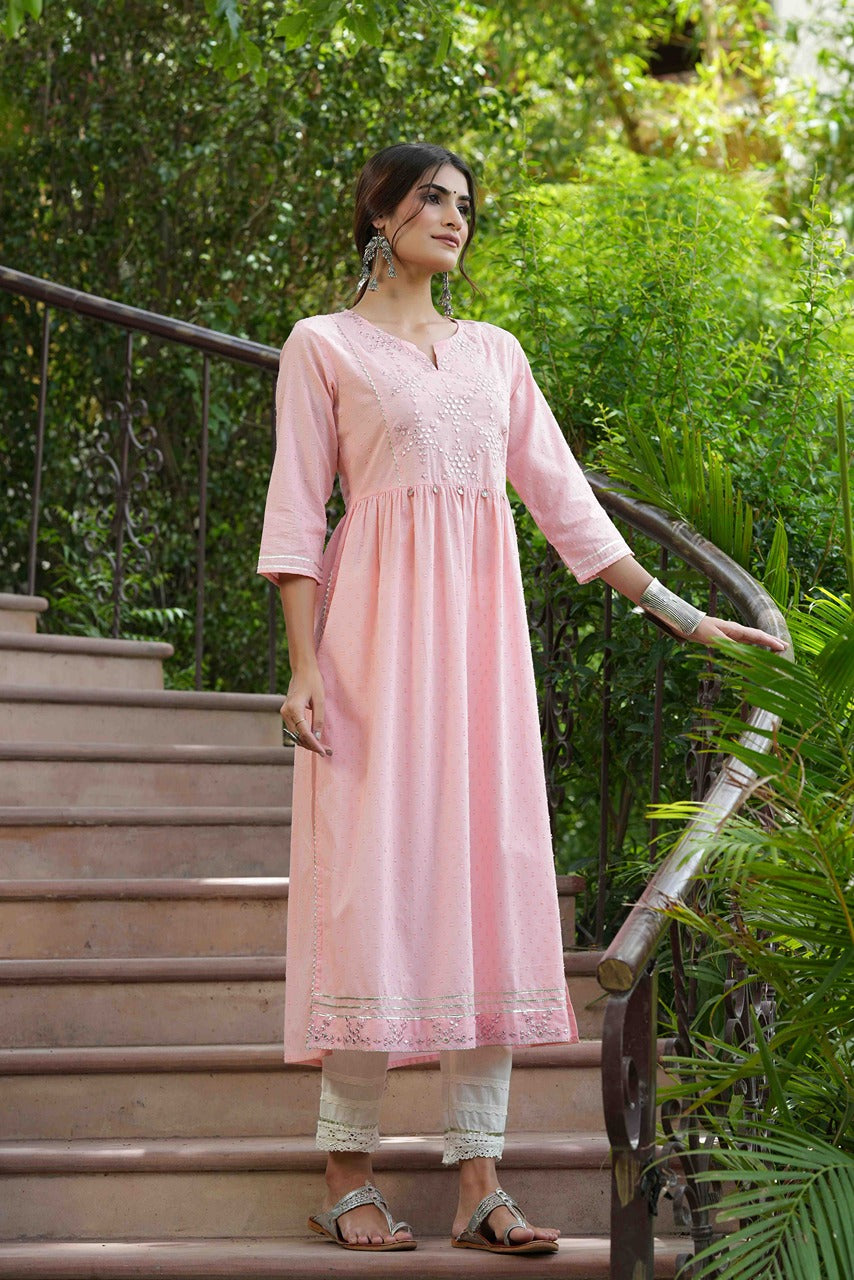Juniper Peach Cotton Dobby Festive Embroidered A-Line Long Kurta For Women