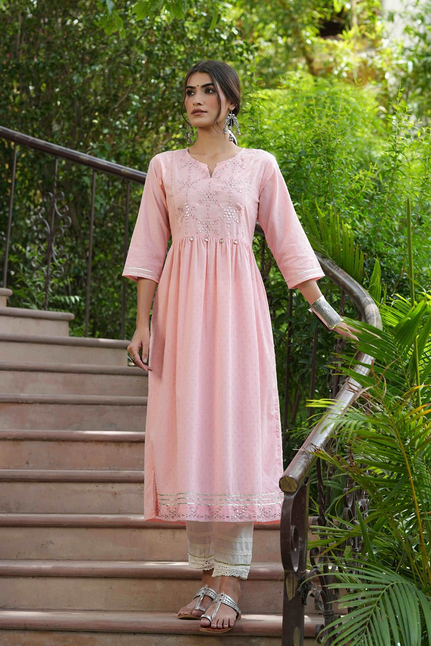 Juniper Peach Cotton Dobby Festive Embroidered A-Line Long Kurta For Women
