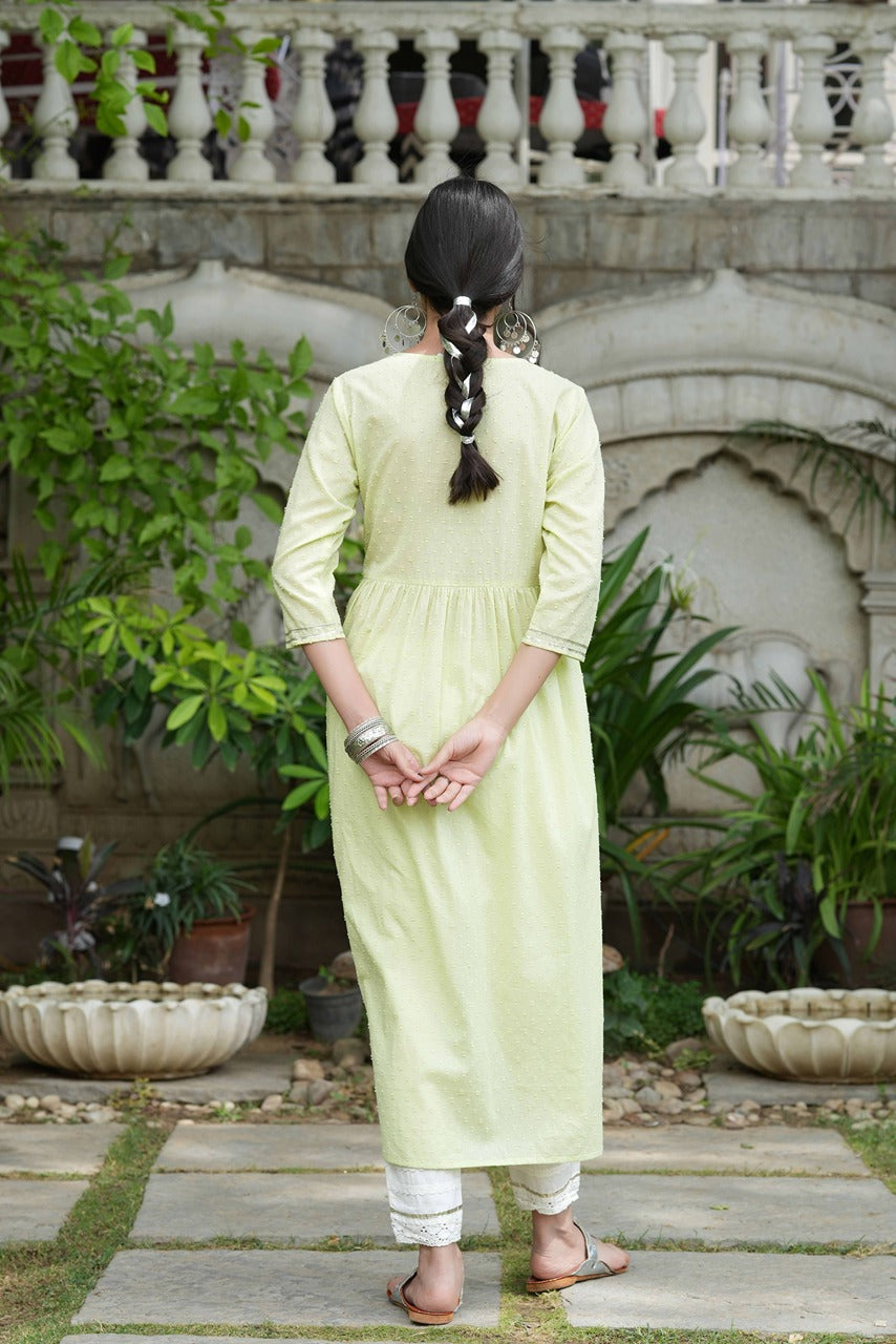 Juniper Pista Green Cotton Dobby Festive Embroidered A-Line Long Kurta For Women