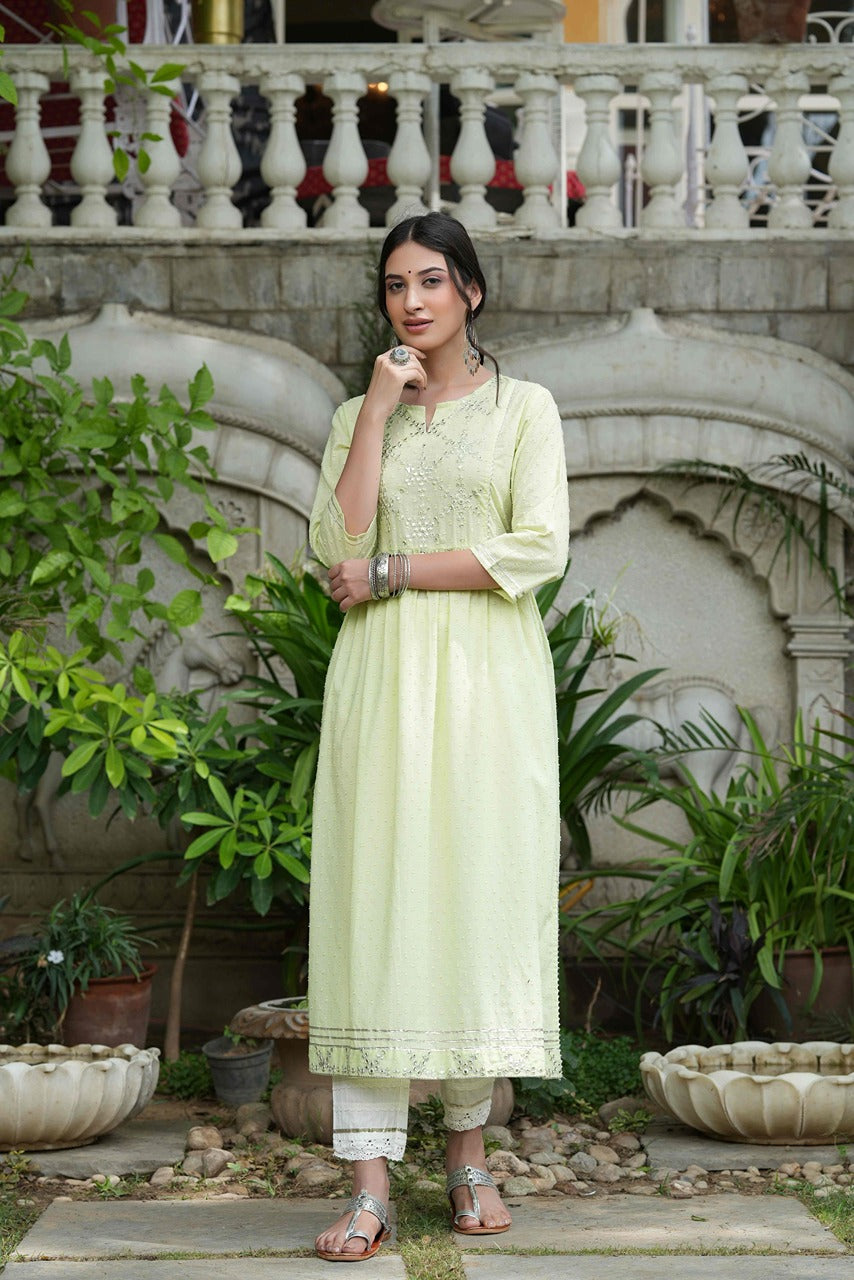 Juniper Pista Green Cotton Dobby Festive Embroidered A-Line Long Kurta For Women