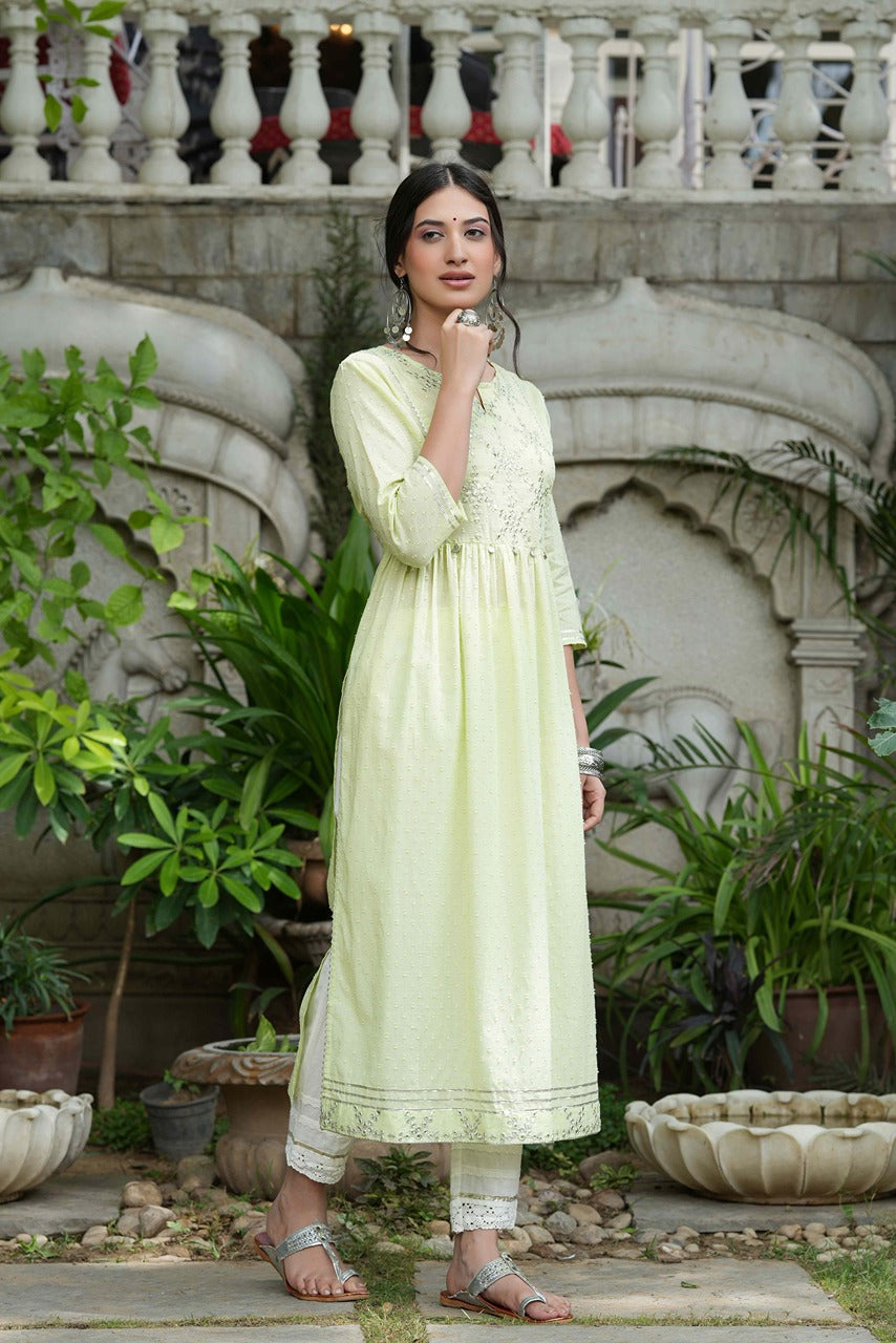 Juniper Pista Green Cotton Dobby Festive Embroidered A-Line Long Kurta For Women