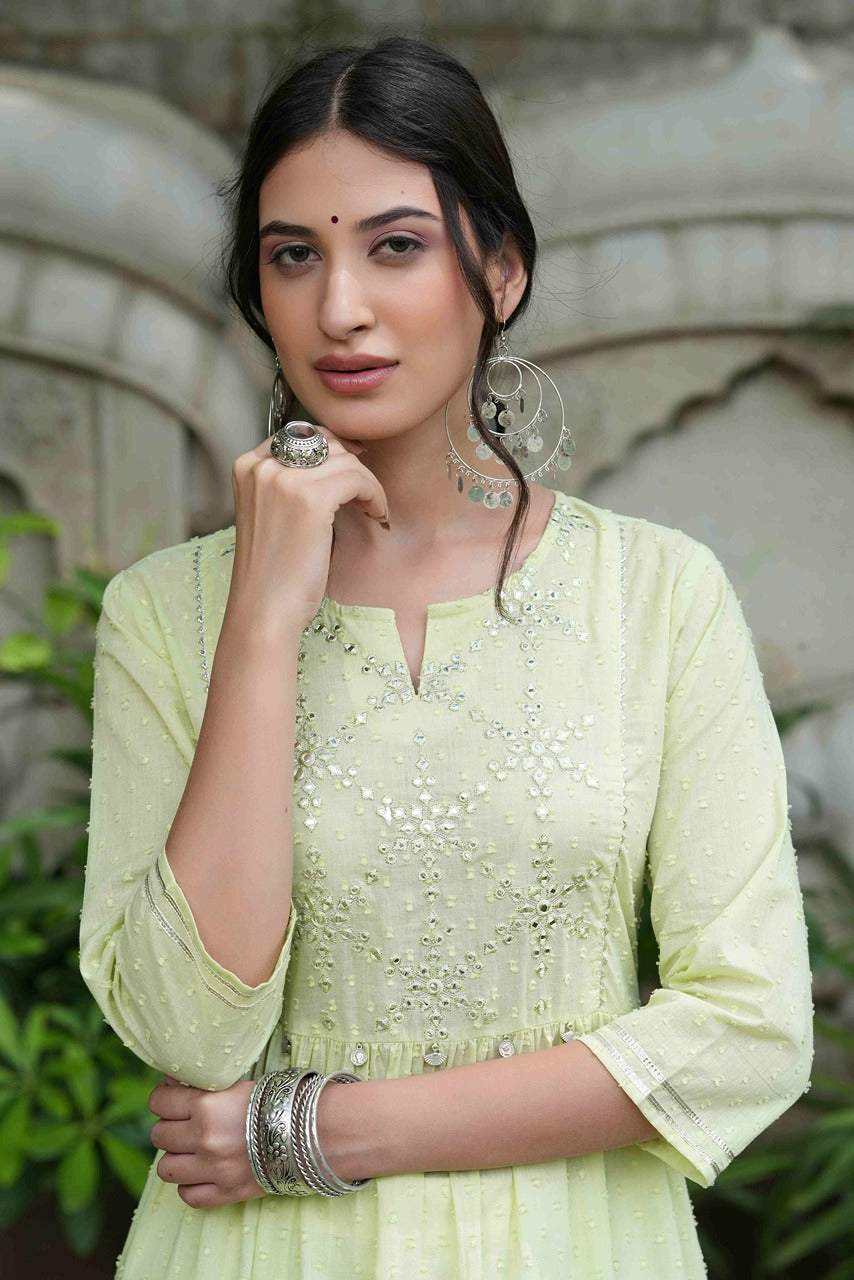 Juniper Pista Green Cotton Dobby Festive Embroidered A-Line Long Kurta For Women