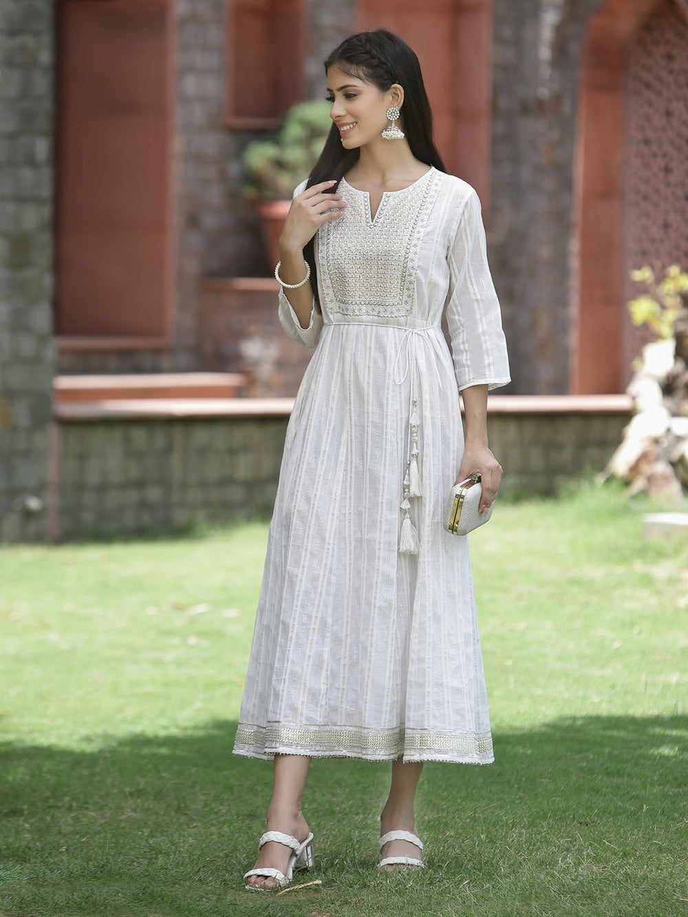 Juniper White Cotton Lurex Festive Embroidered Flared Long Dress For Women