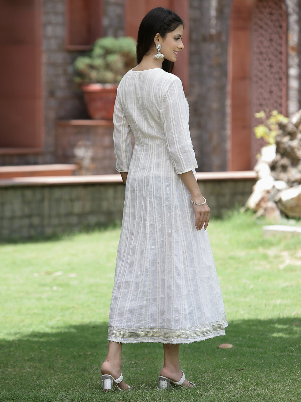 Juniper White Cotton Lurex Festive Embroidered Flared Long Dress For Women