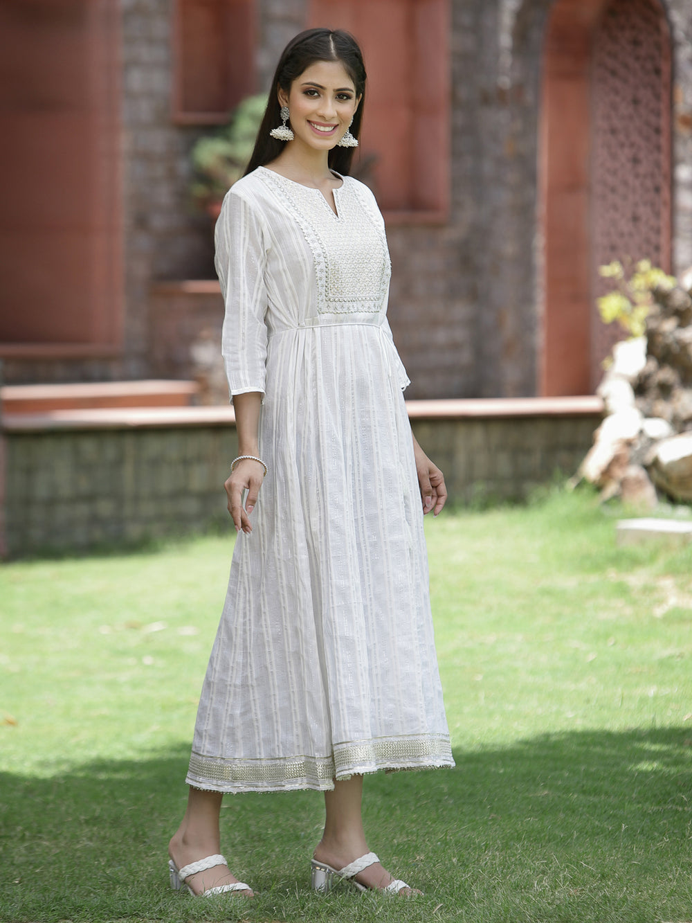 Juniper White Cotton Lurex Festive Embroidered Flared Long Dress For Women