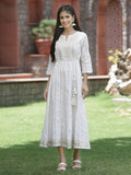 Juniper White Cotton Lurex Festive Embroidered Flared Long Dress For Women