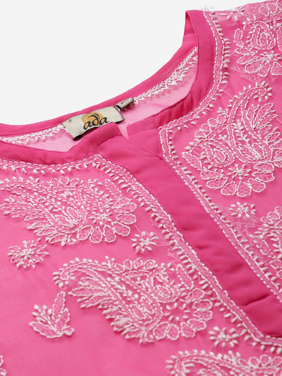 ADA Women Pink & White Sheer Chikankari Embroidered Straight Handloom Kurta with Inner