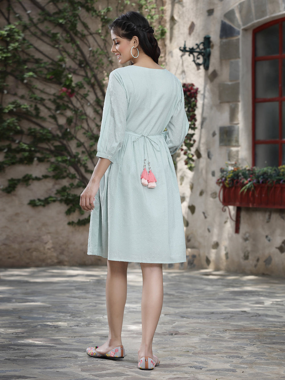 Juniper Women's Mint Green Cotton Dobby Embroidered A-Line Short Dress