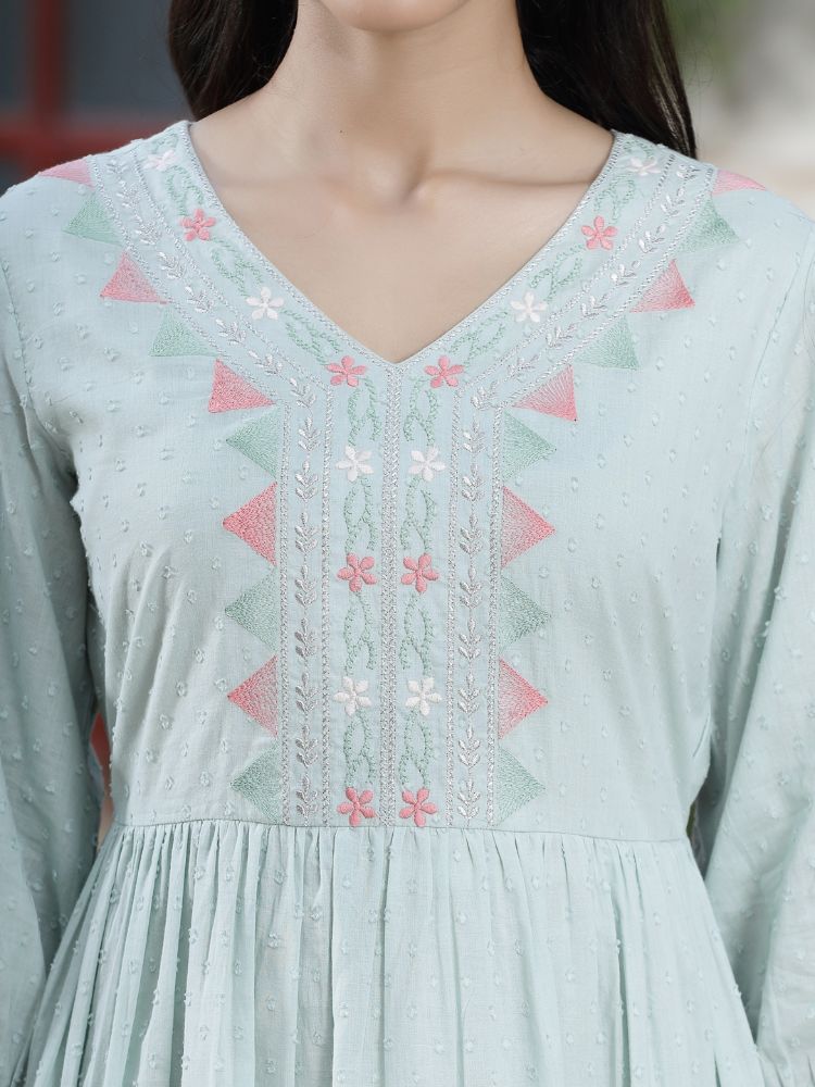Juniper Women's Mint Green Cotton Dobby Embroidered A-Line Short Dress