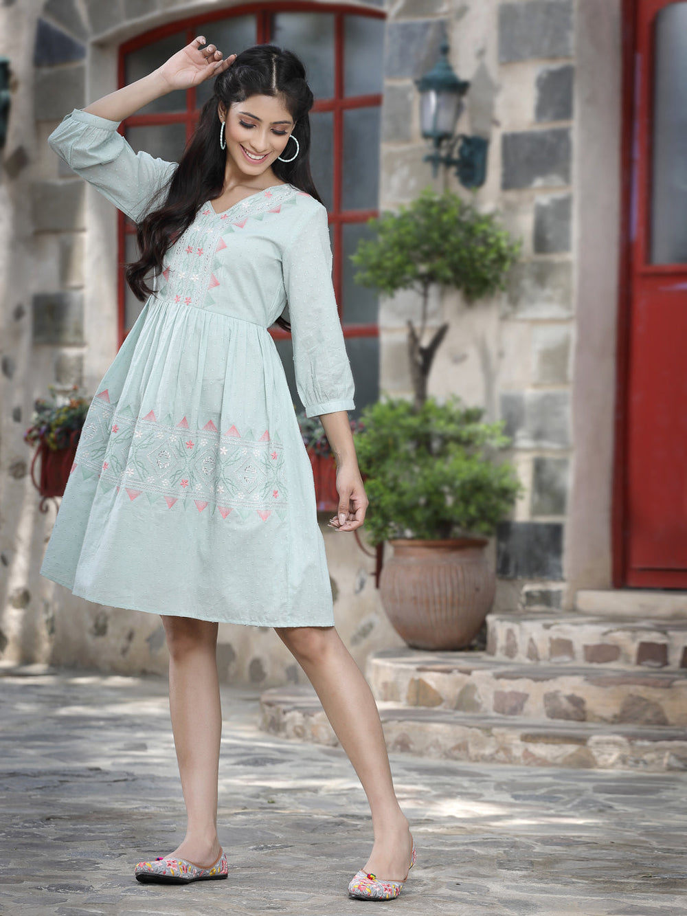 Juniper Women's Mint Green Cotton Dobby Embroidered A-Line Short Dress