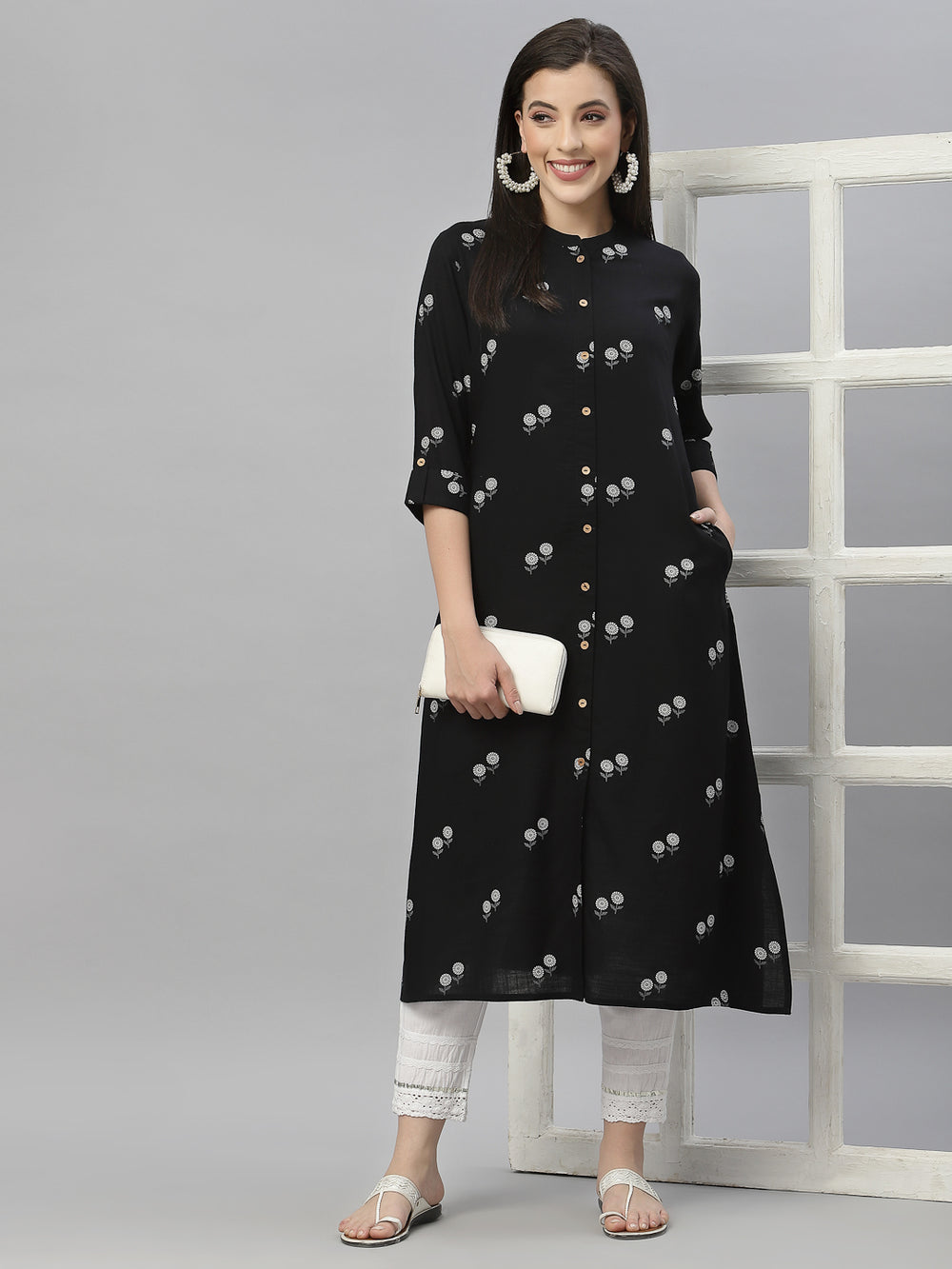 Juniper Black Rayon Festive Printed A-Line Kurta For Women