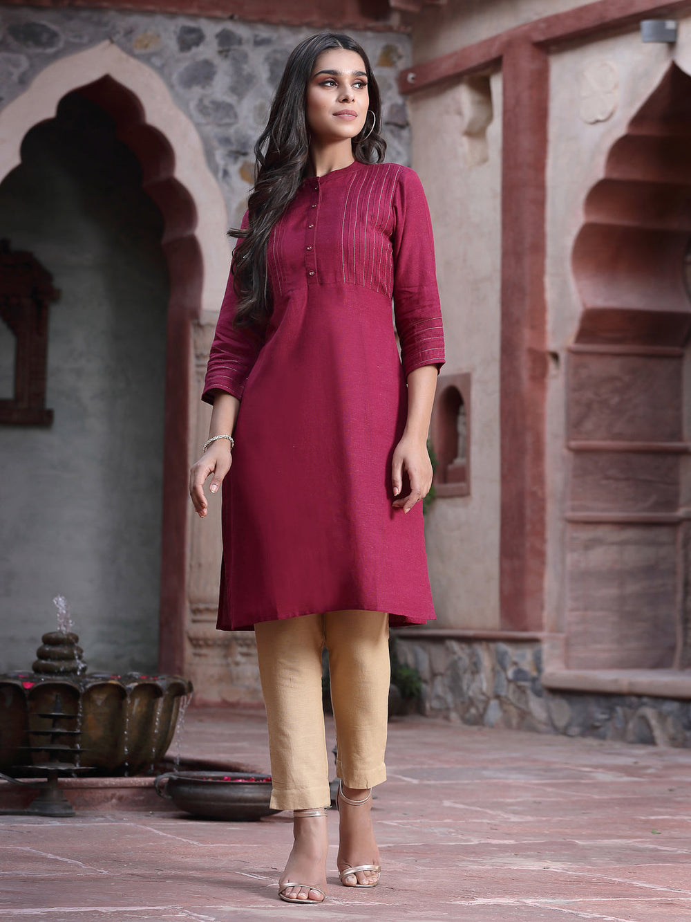 Juniper Women's Wine Rayon Solid Straight Kurta