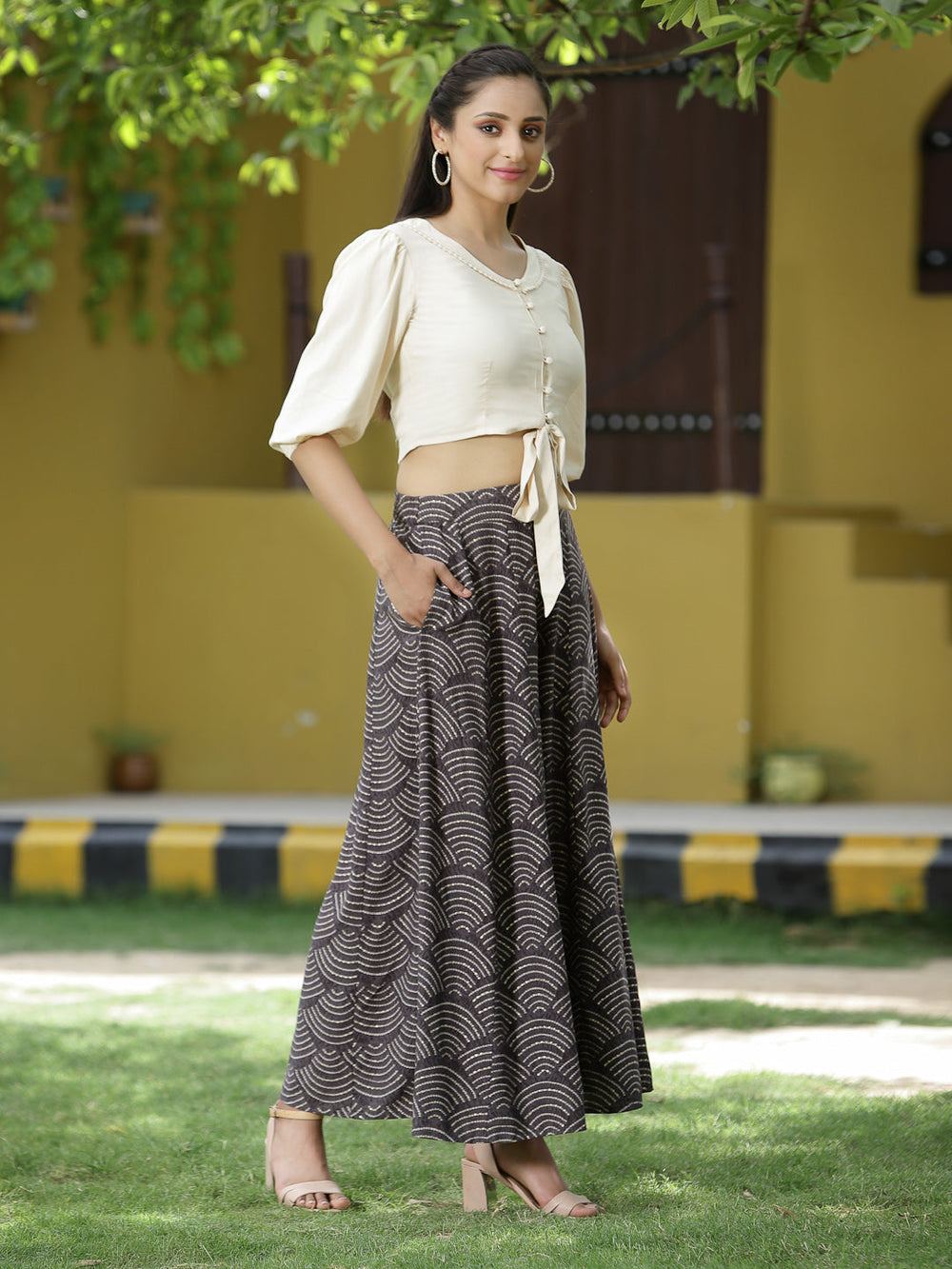 Juniper Off - White Rayon Festive Solid Straight Top For Women