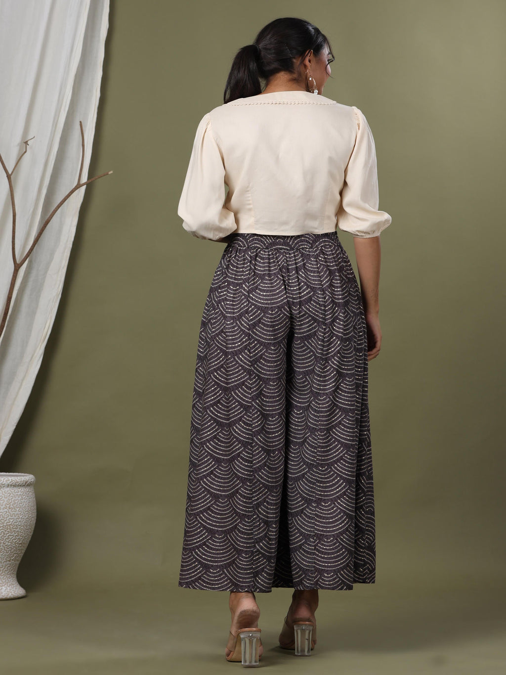 Juniper Grey Ethnic Motif Printed Rayon Flared & Kalidar Palazzo