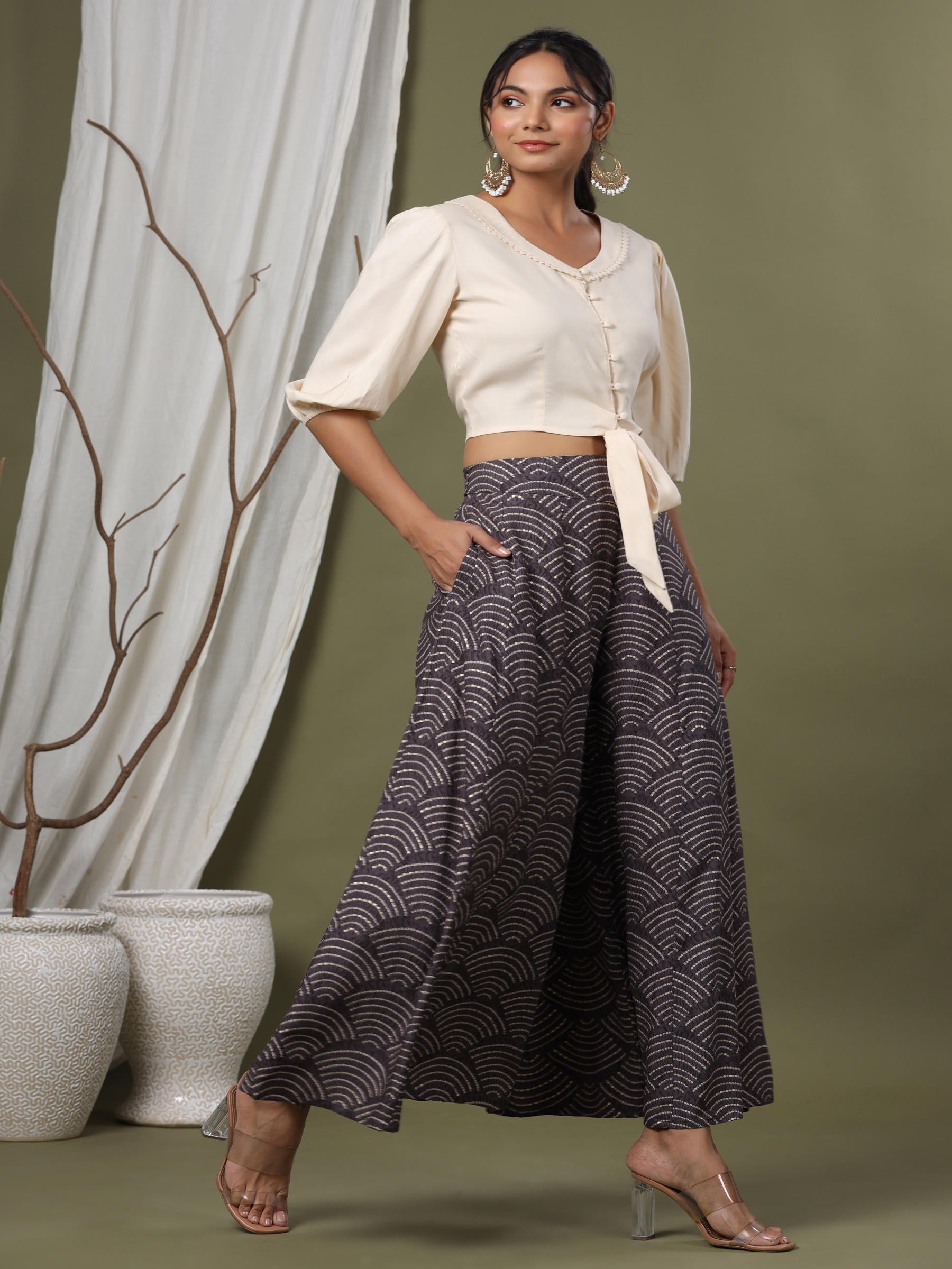 Juniper Grey Ethnic Motif Printed Rayon Flared & Kalidar Palazzo