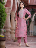 Juniper Women's Pink Muslin Embroidered Straight Kurta Sets