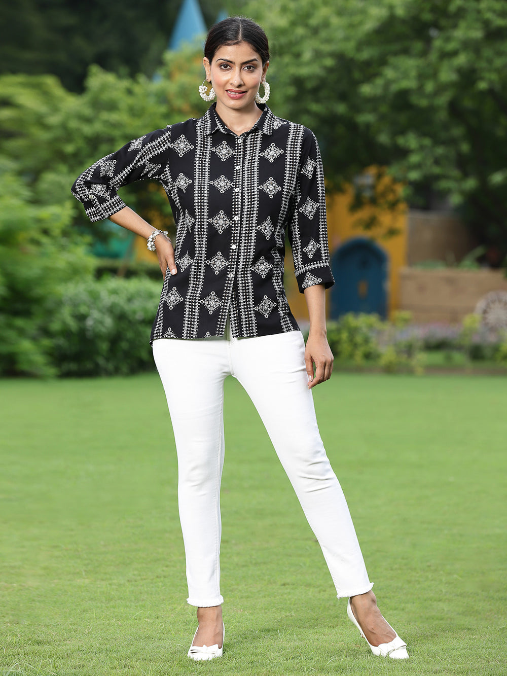 Juniper Black Rayon Festive Printed Asymmetric Tunic For Women