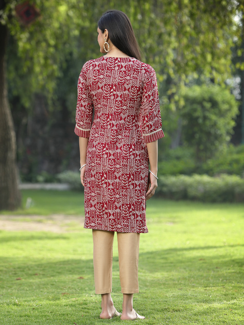 Juniper Maroon Rayon Festive Embroidered Printed Straight Tunic For Women