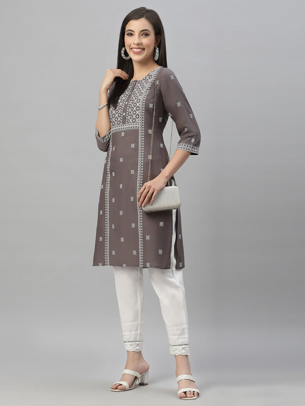 Juniper Grey Rayon Festive Placement Print Straight Kurta For Women