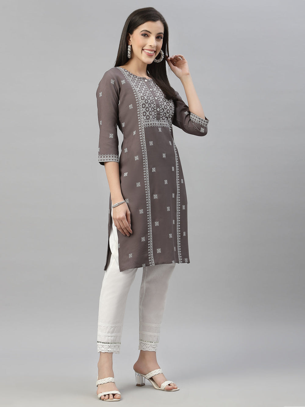 Juniper Grey Rayon Festive Placement Print Straight Kurta For Women