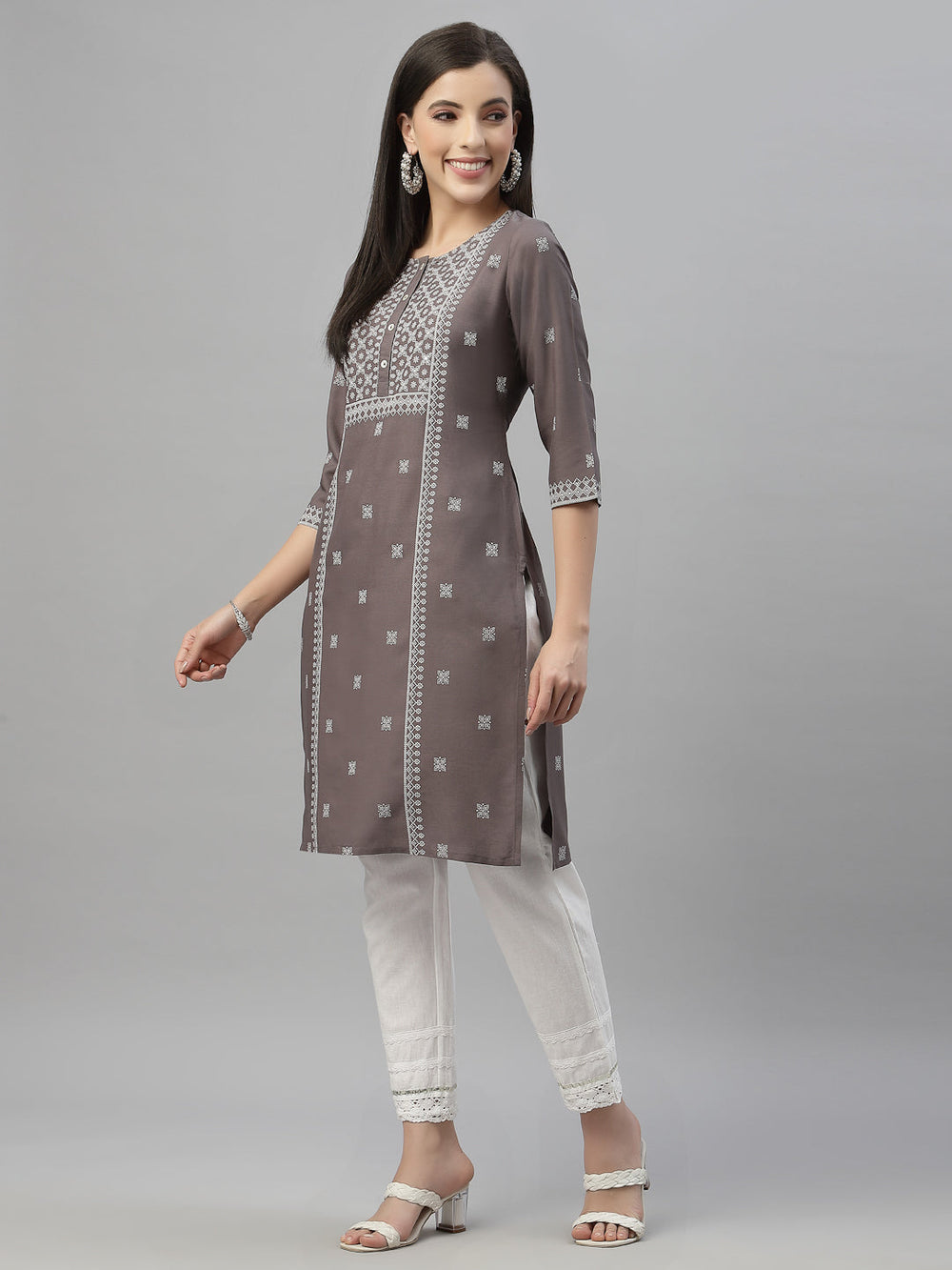 Juniper Grey Rayon Festive Placement Print Straight Kurta For Women