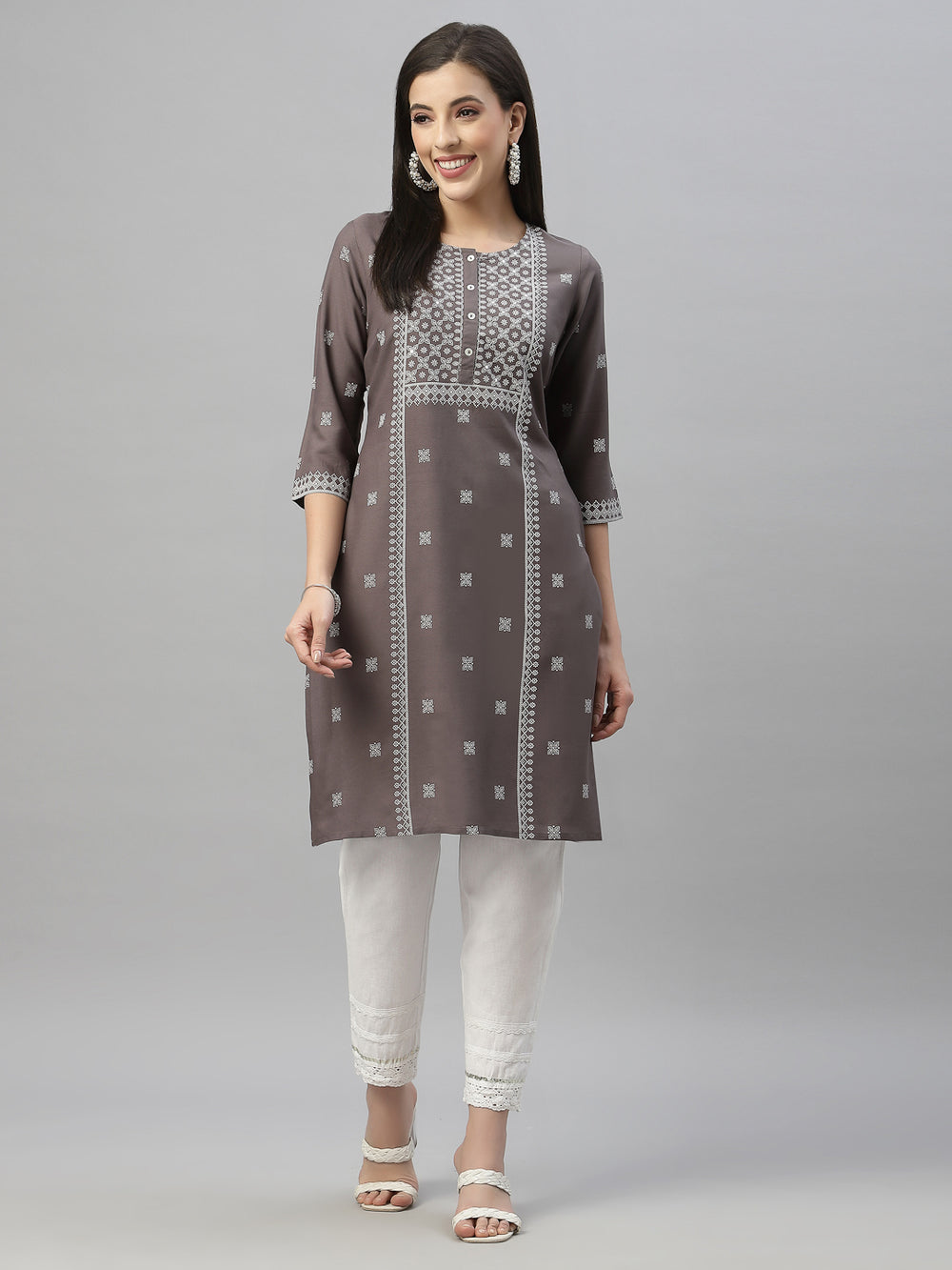 Juniper Grey Rayon Festive Placement Print Straight Kurta For Women