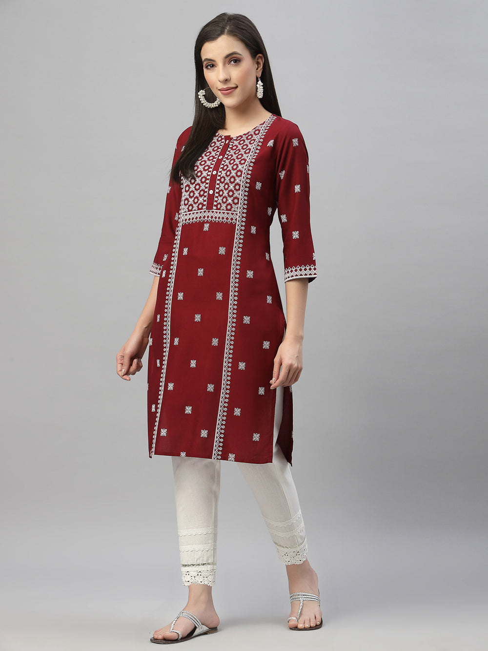 Juniper Maroon Rayon Festive Placement Print Straight Kurta For Women