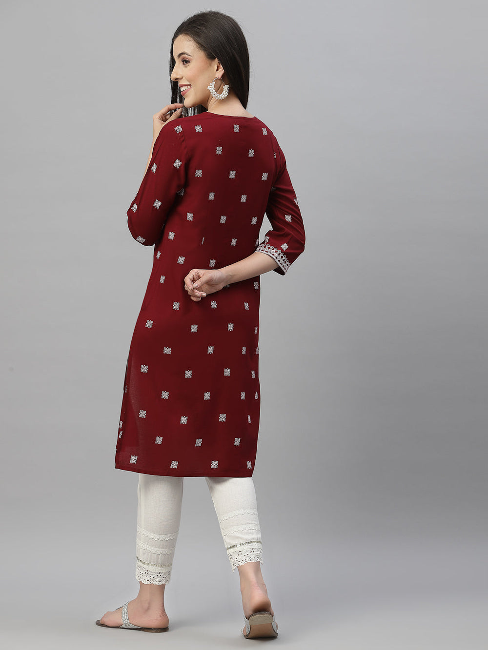 Juniper Maroon Rayon Festive Placement Print Straight Kurta For Women