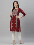 Juniper Maroon Rayon Festive Placement Print Straight Kurta For Women
