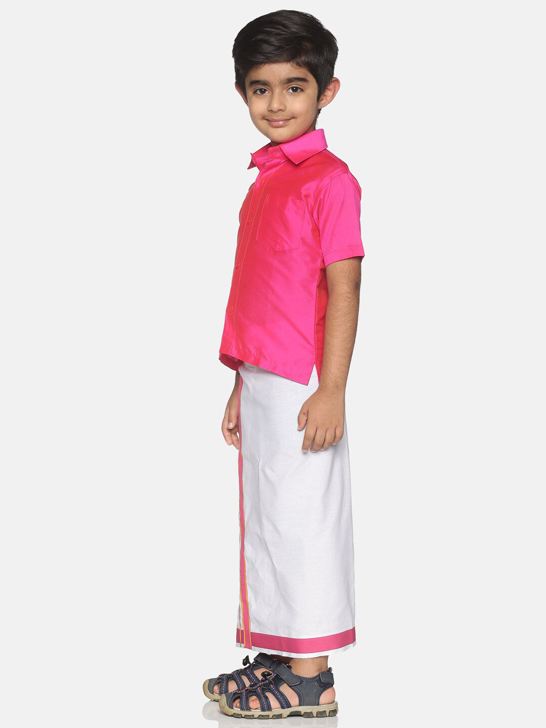 Sethukrishna Boys Pink & White Solid Shirt and Veshti Set