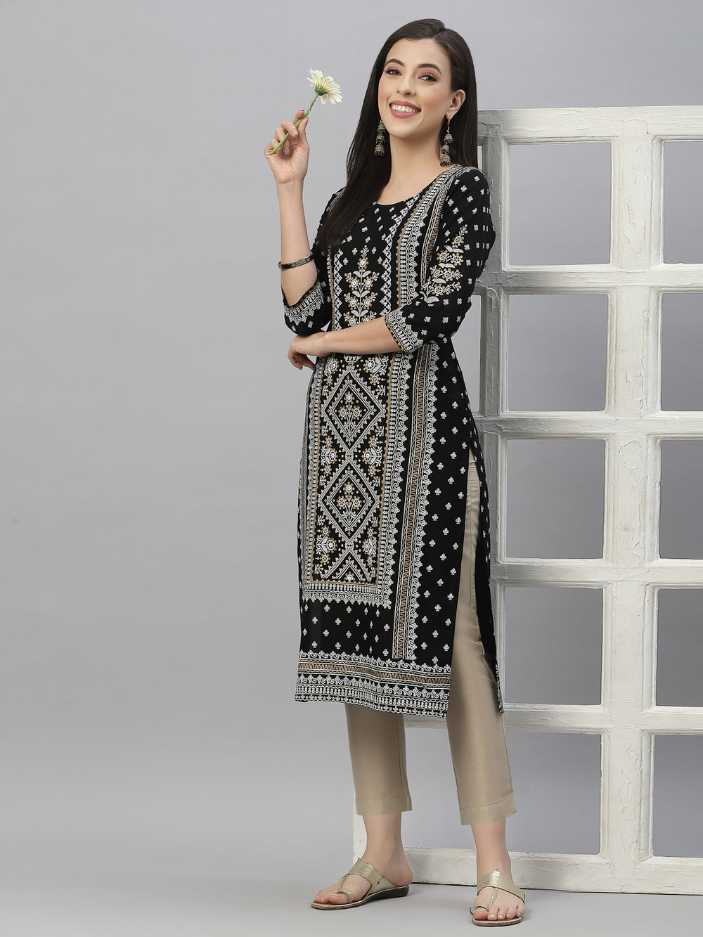 Juniper Black Rayon Festive Placement Print Straight Kurta For Women