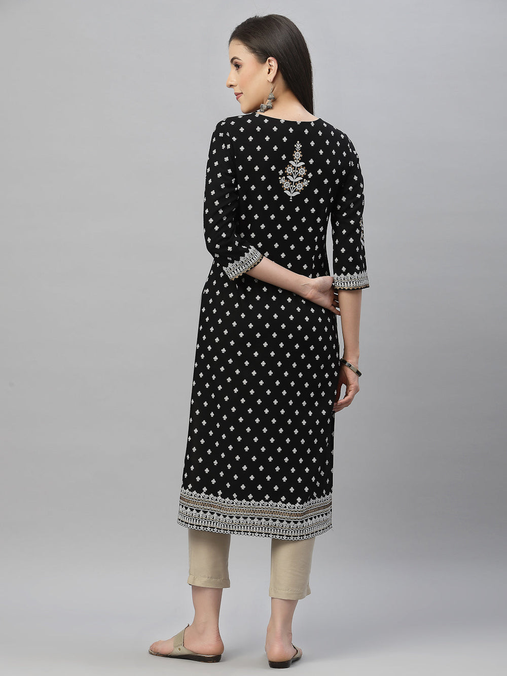 Juniper Black Rayon Festive Placement Print Straight Kurta For Women