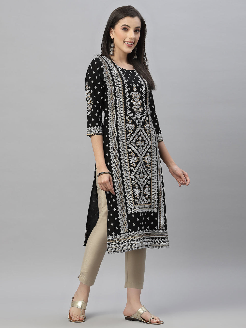 Juniper Black Rayon Festive Placement Print Straight Kurta For Women