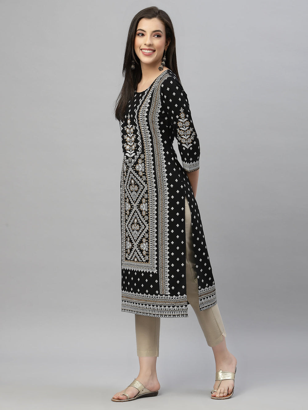 Juniper Black Rayon Festive Placement Print Straight Kurta For Women