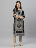 Juniper Black Rayon Festive Placement Print Straight Kurta For Women