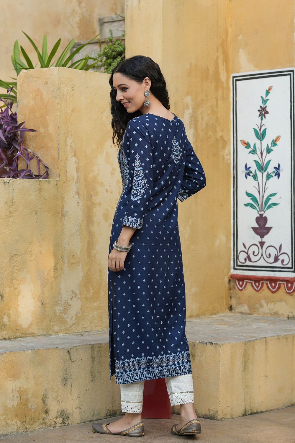 Juniper Indigo Rayon Festive Placement Print Straight Kurta For Women