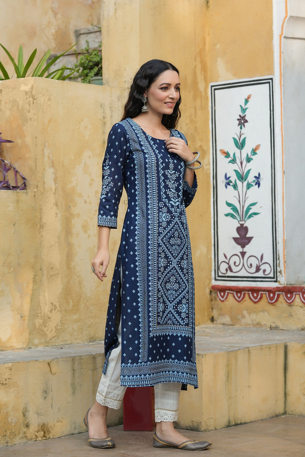 Juniper Indigo Rayon Festive Placement Print Straight Kurta For Women