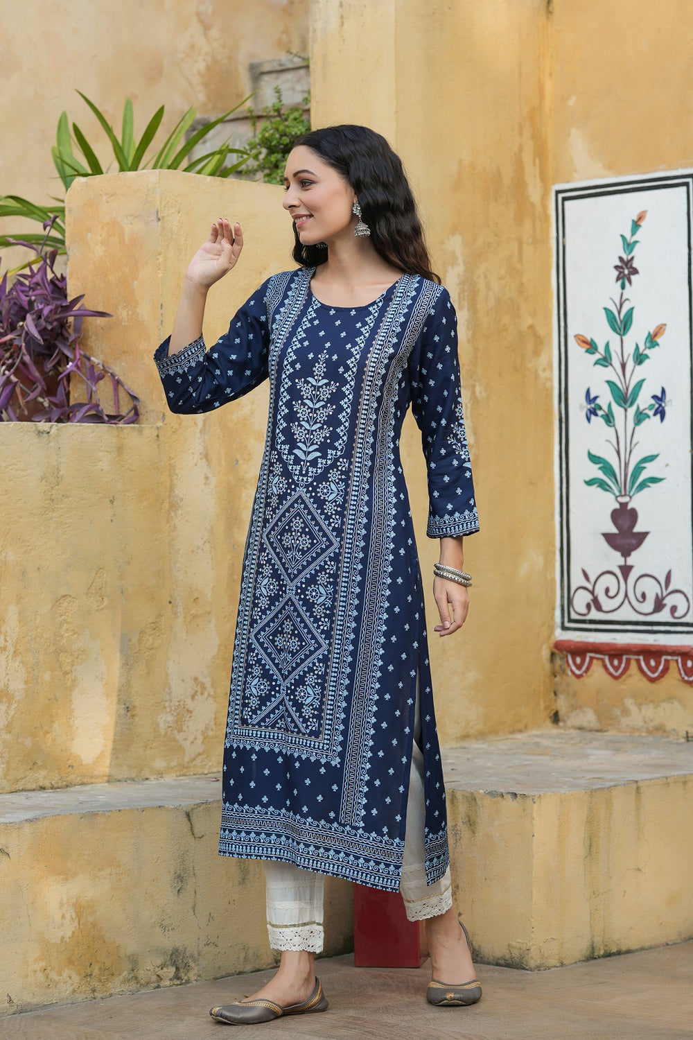 Juniper Indigo Rayon Festive Placement Print Straight Kurta For Women