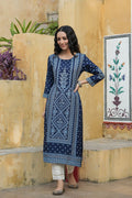 Juniper Indigo Rayon Festive Placement Print Straight Kurta For Women