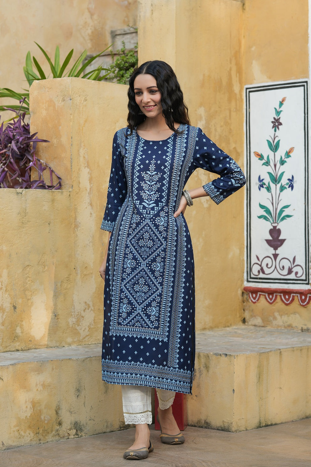 Juniper Indigo Rayon Festive Placement Print Straight Kurta For Women