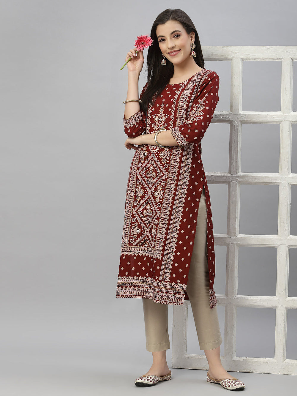 Juniper Maroon Rayon Festive Placement Print Straight Kurta For Women