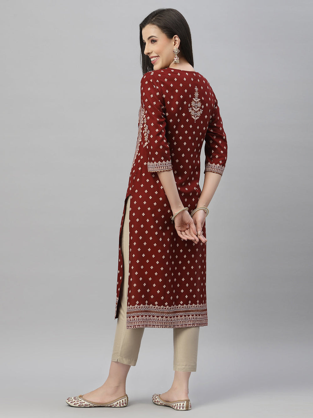 Juniper Maroon Rayon Festive Placement Print Straight Kurta For Women