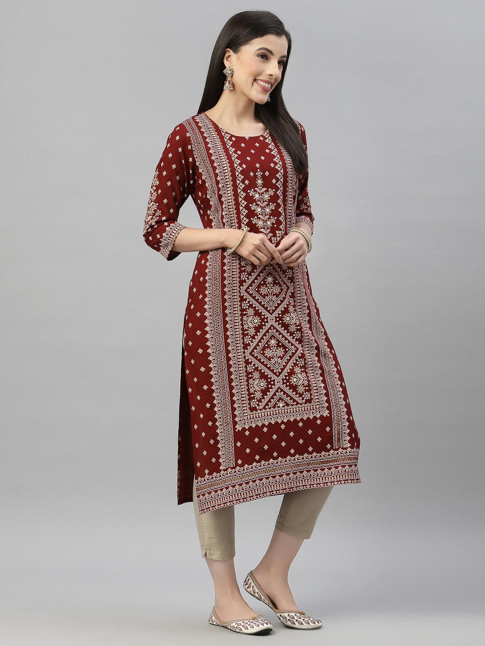 Juniper Maroon Rayon Festive Placement Print Straight Kurta For Women