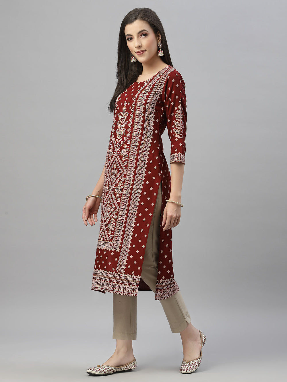 Juniper Maroon Rayon Festive Placement Print Straight Kurta For Women
