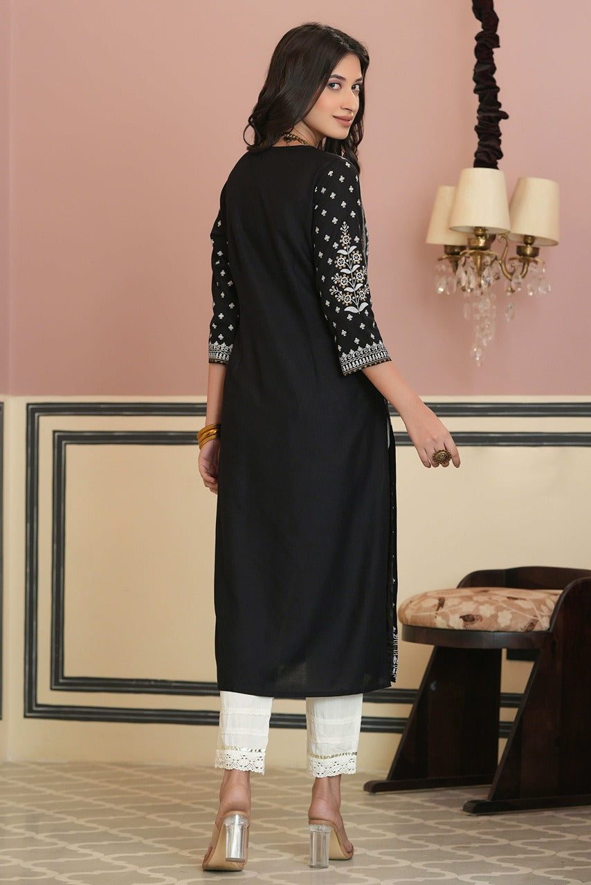 Juniper Women's Black Rayon Staple Straight Placement Print Kurta
